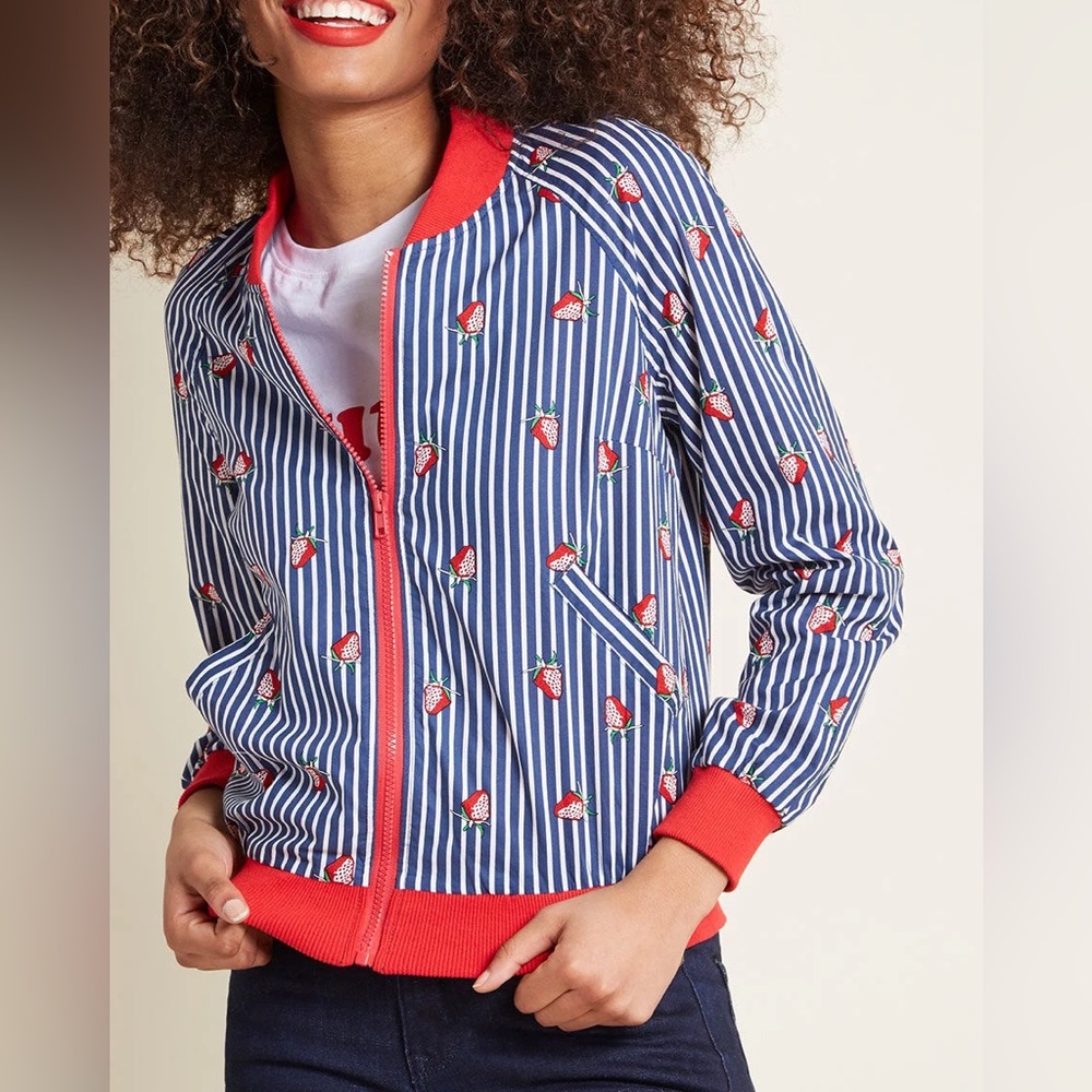 ModCloth Mixer and Shaker strawberry bomber jacket